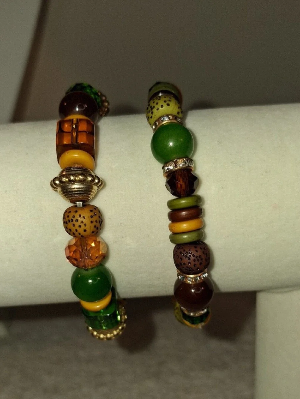Green and Brown Beaded Stretch Bracelet Set